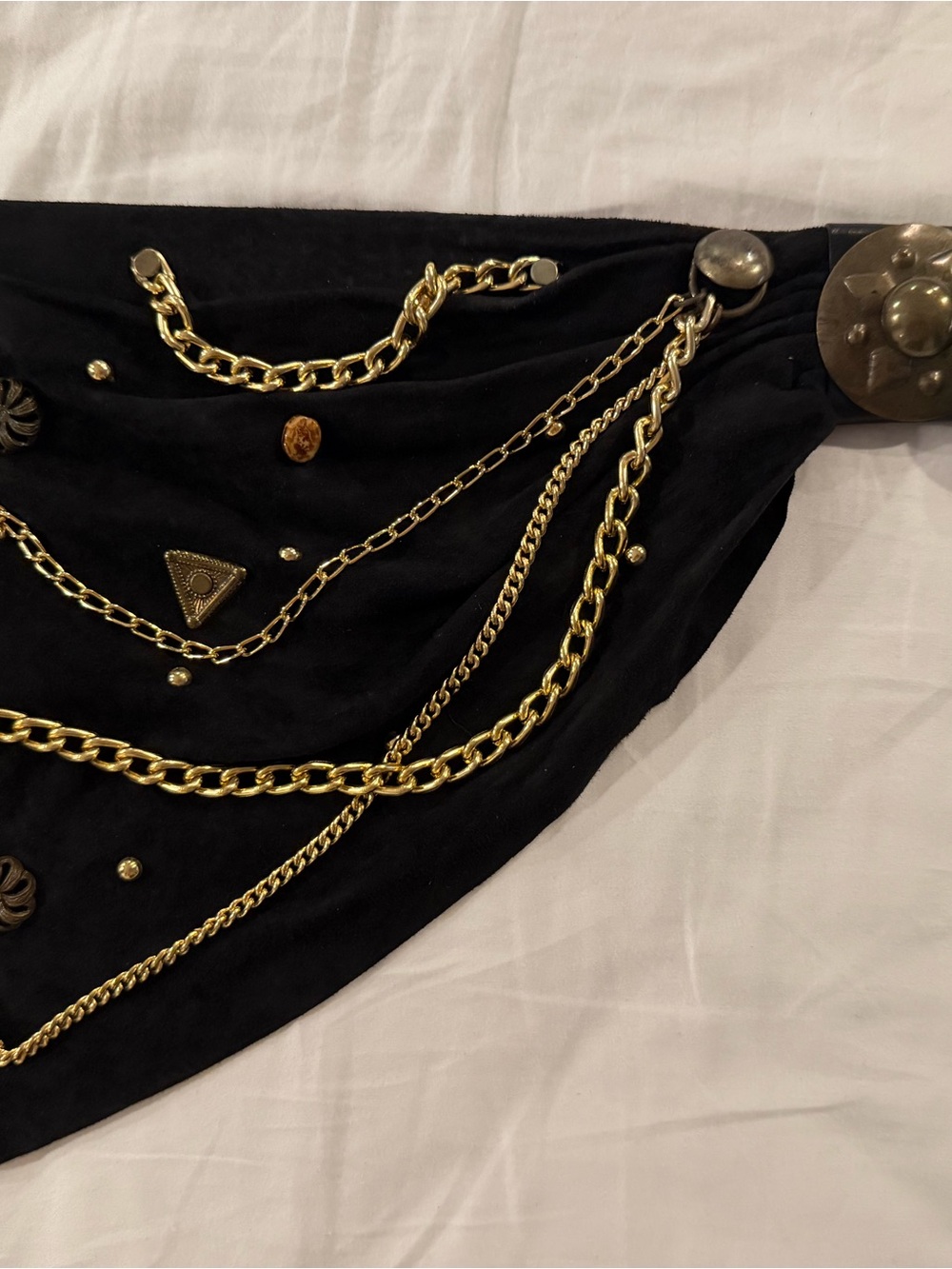 Vintage Boho Black Suede Belt Scarf Gold Chain Accent Waist Belt